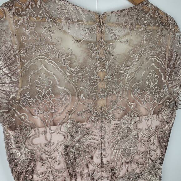 Marchesa Notte Silk Buckingham Sheath Mini Cocktail Dress Gold Metallic Lace 12 - Picture 10 of 12
